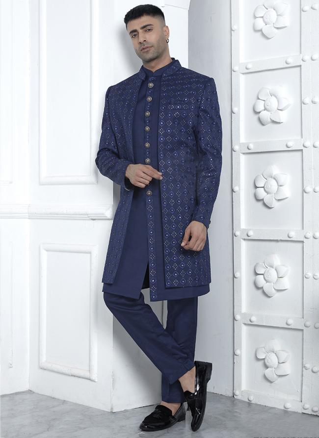 Art Silk Blue Wedding Wear Pattern Pc Readymade Sherwani